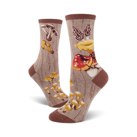 brown crew socks with colorful mushroom pattern and tree trunk design.  