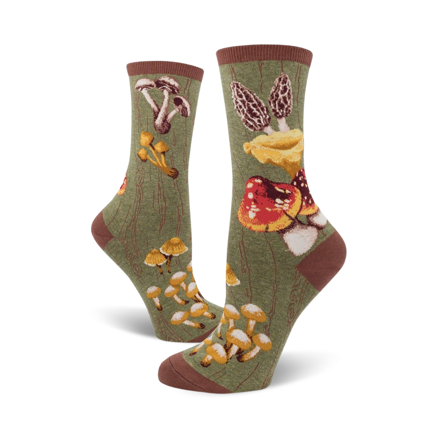 Lifestyle shot of a person wearing the Mushroom socks; the socks are green with various mushroom designs.