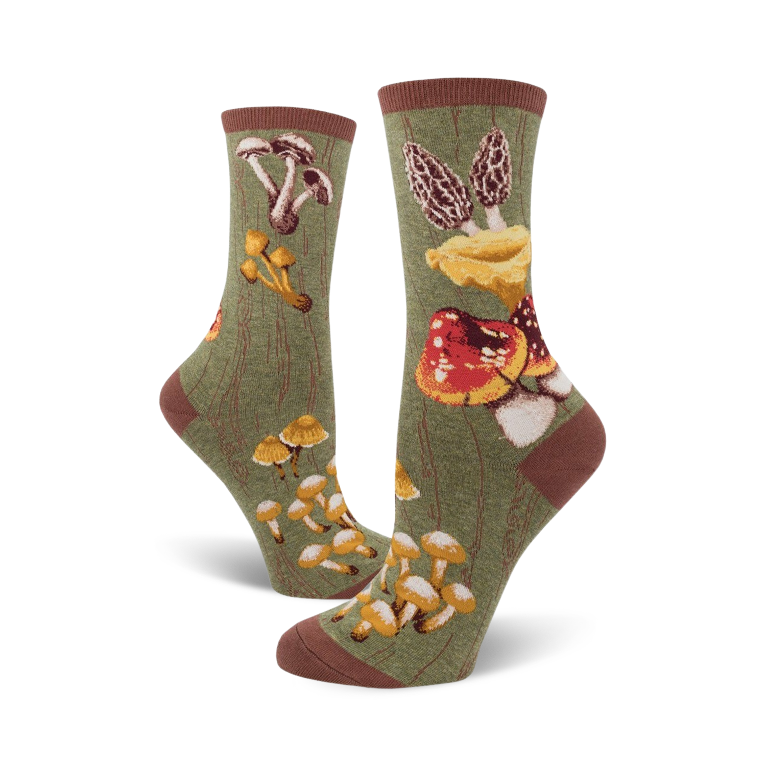 Lifestyle shot of a person wearing the Mushroom socks; the socks are green with various mushroom designs.