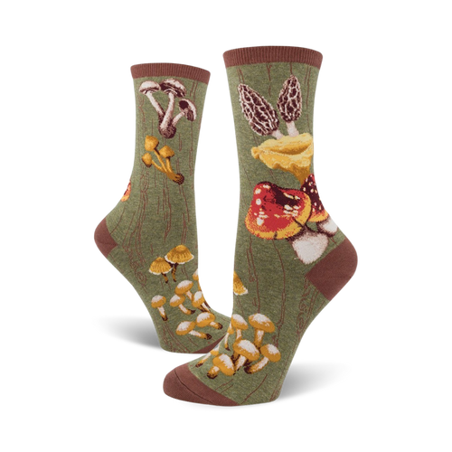 Lifestyle shot of a person wearing the Mushroom socks; the socks are green with various mushroom designs.