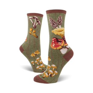 crew socks with different types of mushrooms in various shades of red, orange, yellow and white on an olive green background.  