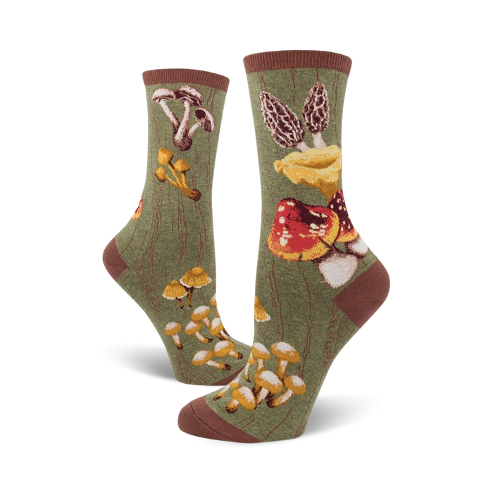 crew socks with different types of mushrooms in various shades of red, orange, yellow and white on an olive green background.  