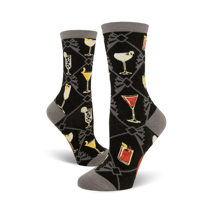 speakeasy cocktail crew socks for women. cartoonish cocktail pattern. black canvas.   }}