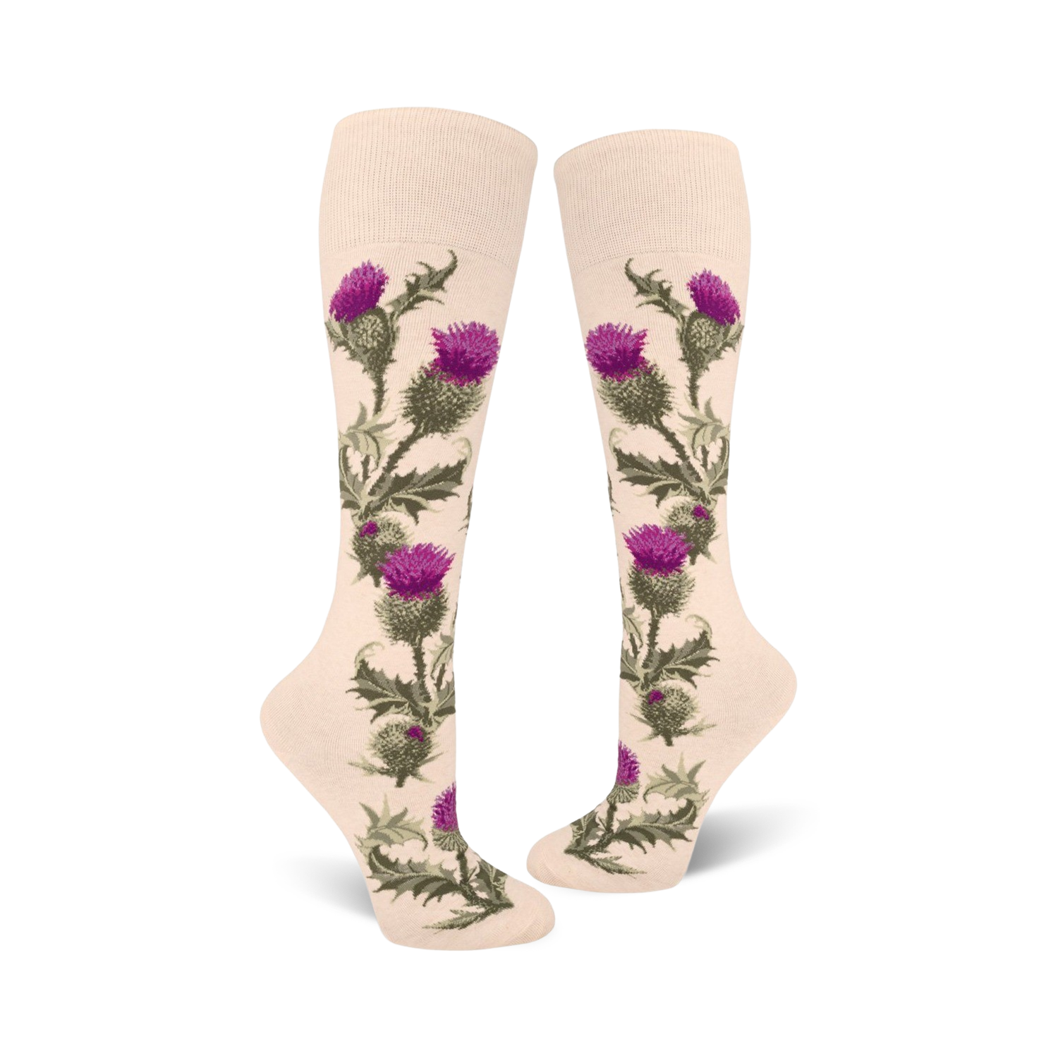 Pair of cream knee-high socks adorned with a vertical pattern of purple thistles and green leaves.