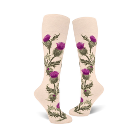 purple thistle floral pattern socks for women stop at the knee.   