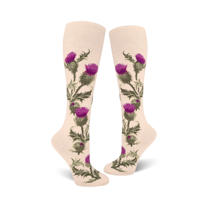 purple thistle floral pattern socks for women stop at the knee.    }}
