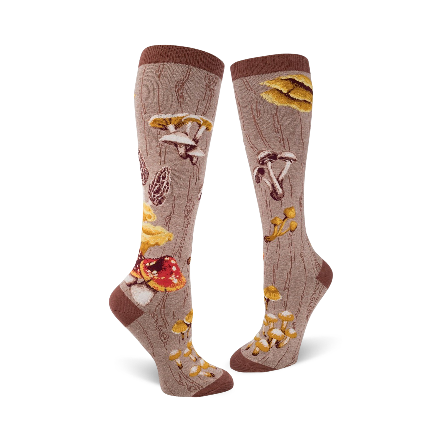 Pair of knee-high socks in brown and beige, featuring a whimsical illustration of various mushrooms and a wood-grain pattern.