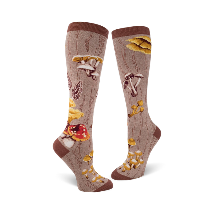 brown knee-high socks with ribbed cuff and reinforced toe and heel. pattern of various mushrooms in shades of brown, yellow, and red. perfect for women who love nature-inspired fashion.    