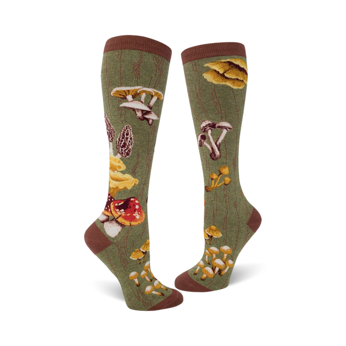 womens olive green knee high mushroom socks with multicolor fungi pattern   