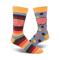 Crew socks in blue, orange, and brown. One sock has horizontal stripes, the other has polka dots. Both socks feature a speech bubble saying 'This is why I'm single'.