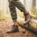 Model wears taupe mushroom crew sock, brown hiking boots, olive pants, stepping on a mossy log in a foggy forest. [lf]