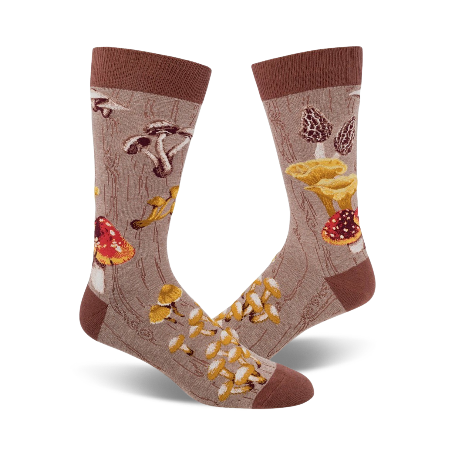 Pair of crew socks with a mushroom design.  The socks are beige/brown and green with various colorful mushroom illustrations on a wood-grain background. 