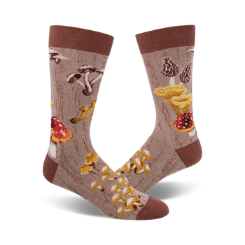 mens brown crew socks with an all-over pattern of various types of mushrooms.   