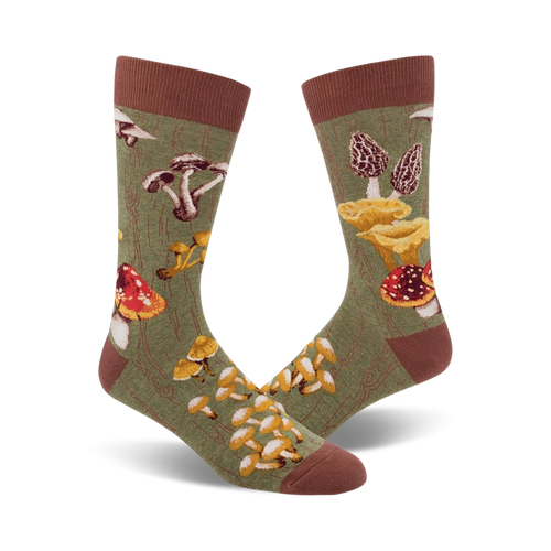 Lifestyle shot showing a person wearing the green Mushroom socks with a casual outfit.