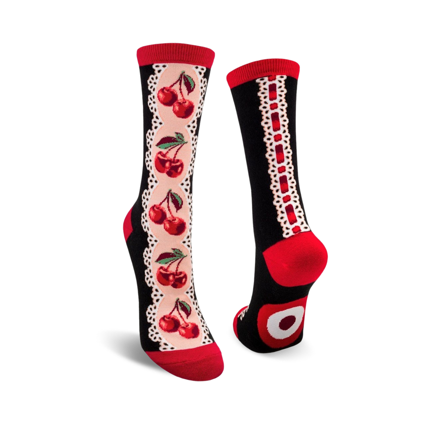 A pair of crew socks with a black background. One sock shows a line of red cherries with pale pink lace on the side. The other sock shows the heel and the cherry design.