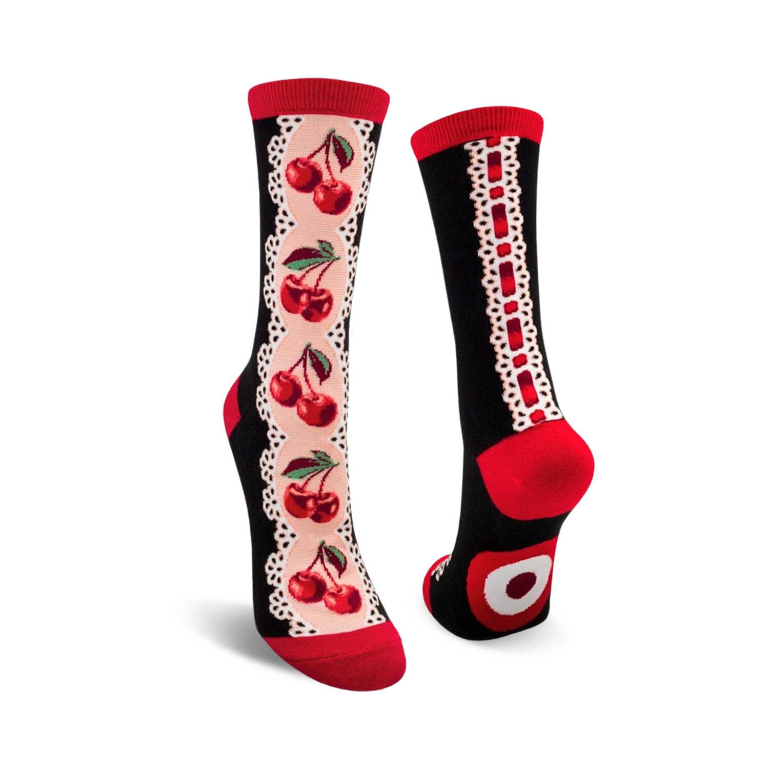 A pair of crew socks with a black background. One sock shows a line of red cherries with pale pink lace on the side. The other sock shows the heel and the cherry design.
