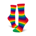 Pair of rainbow striped crew socks.  Features bold horizontal stripes in red, orange, yellow, green, blue, indigo, and violet.
