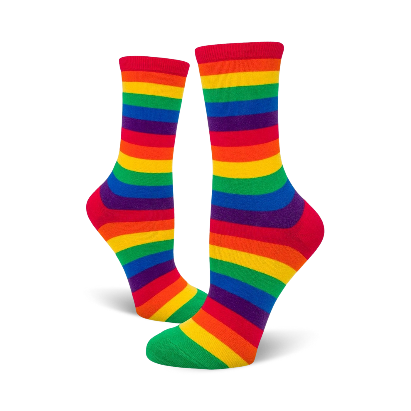 Pair of rainbow striped crew socks.  Features bold horizontal stripes in red, orange, yellow, green, blue, indigo, and violet.