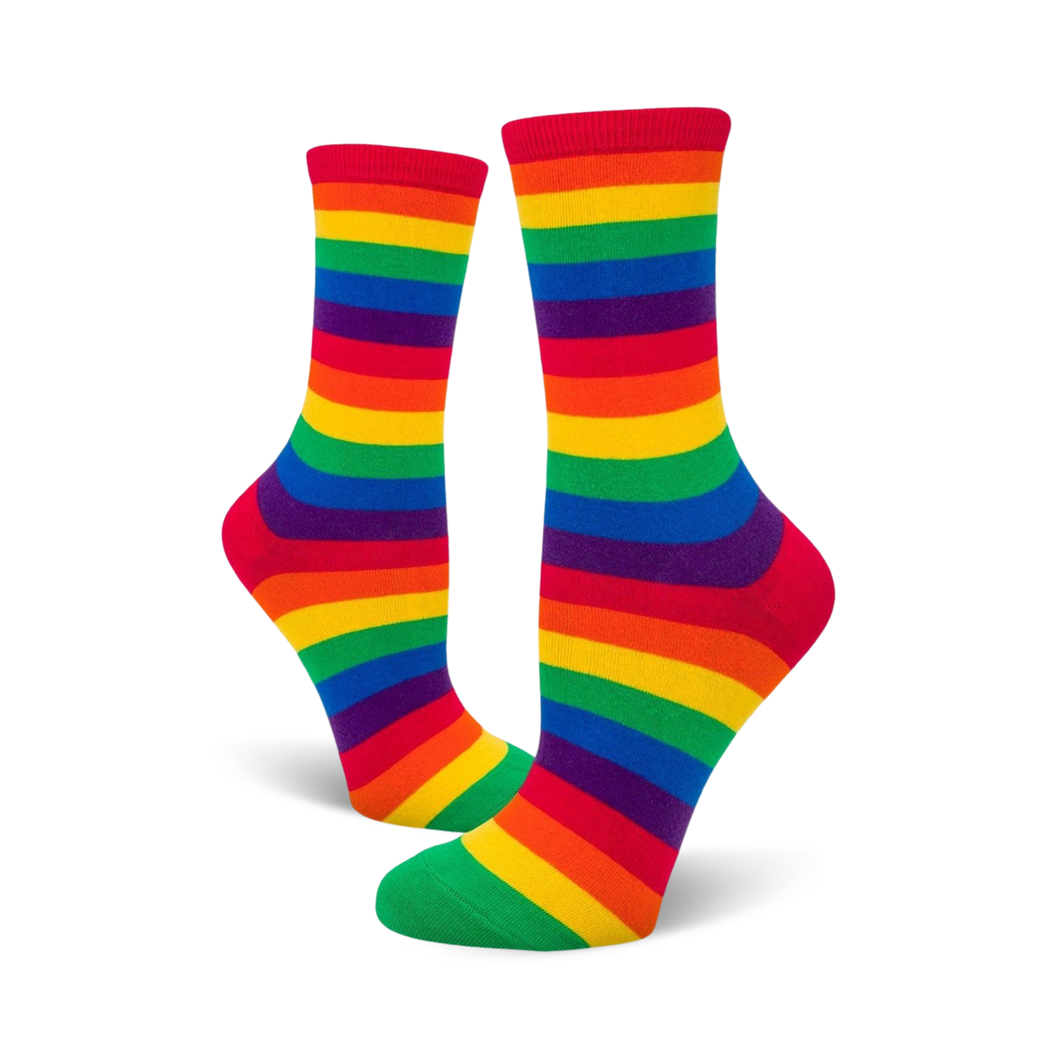 Pair of rainbow striped crew socks.  Features bold horizontal stripes in red, orange, yellow, green, blue, indigo, and violet.