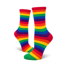 womens pride crew socks in red, orange, yellow, green, blue, purple, and red stripes.  