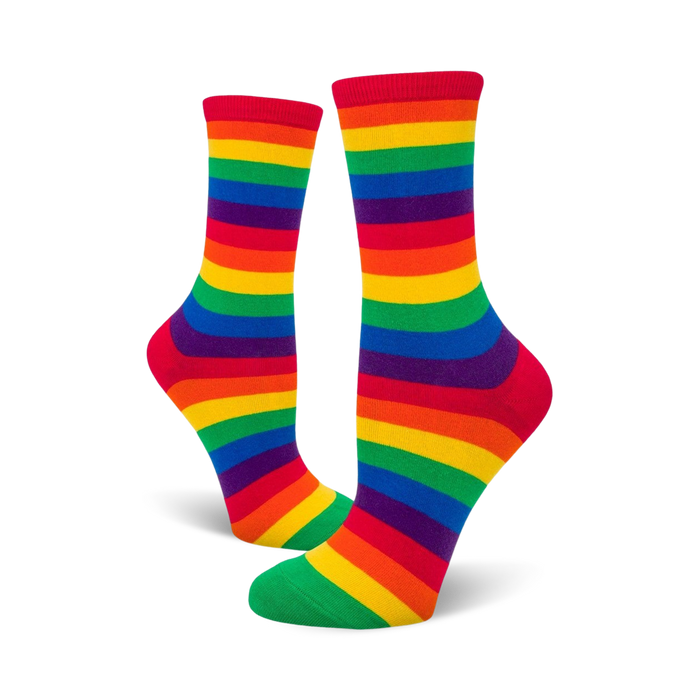 womens pride crew socks in red, orange, yellow, green, blue, purple, and red stripes.   }}