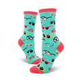 Pair of teal crew socks with a pattern of colorful sunglasses and red cherries. Fun and fashionable.