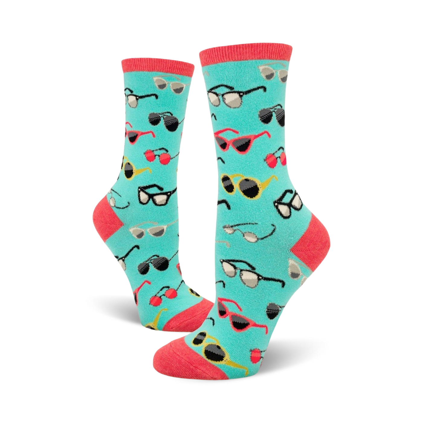 Pair of teal crew socks with a pattern of colorful sunglasses and red cherries. Fun and fashionable.