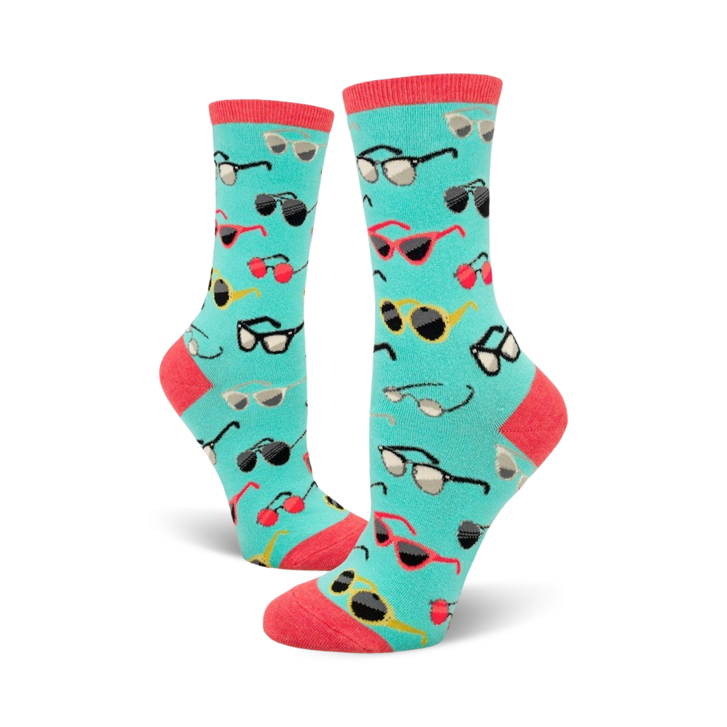 Pair of teal crew socks with a pattern of colorful sunglasses and red cherries. Fun and fashionable.