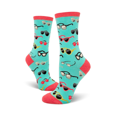 blue cartoon glasses pattern crew socks, black, red, yellow, green, blue.   