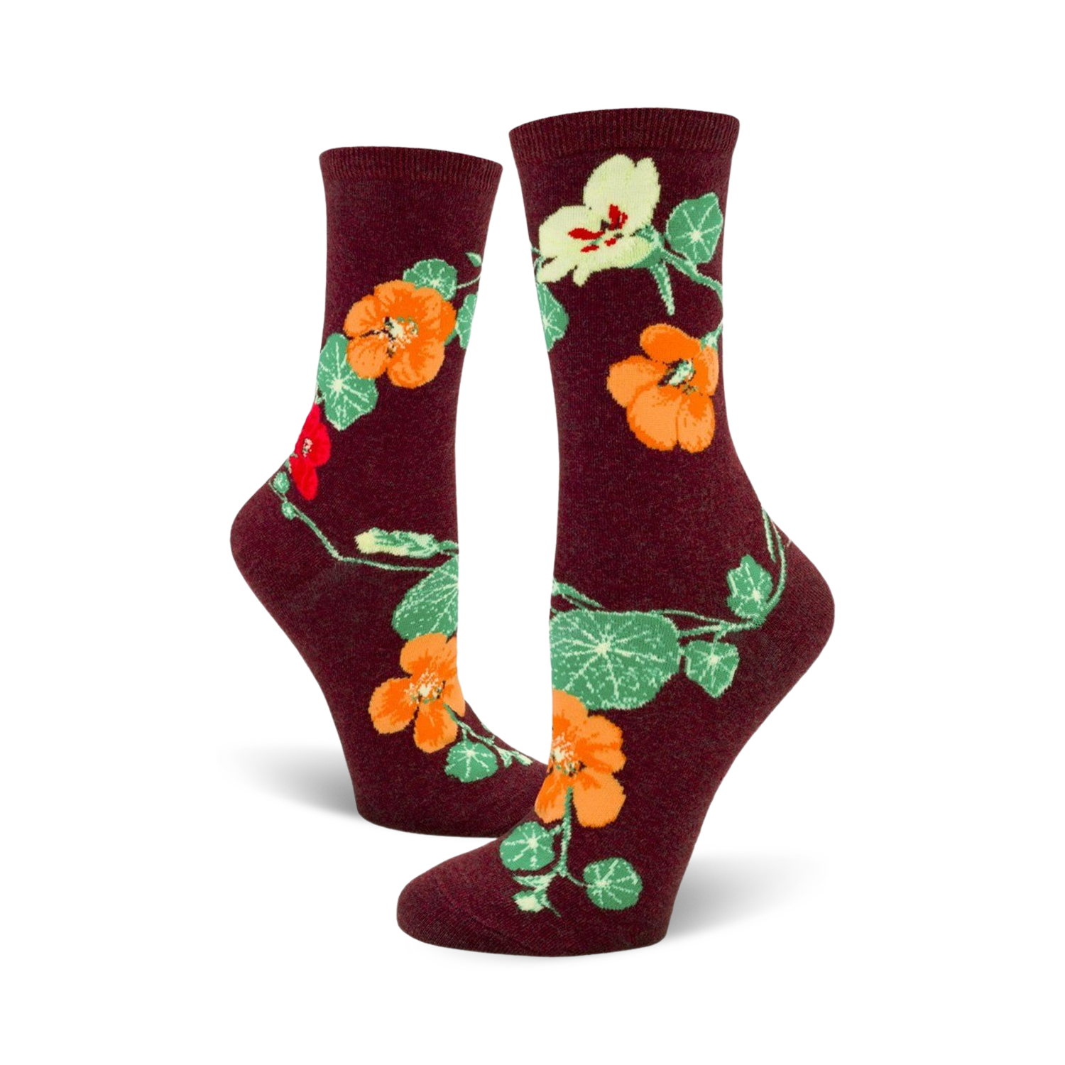 Lifestyle shot of a person wearing the burgundy nasturtium crew socks.