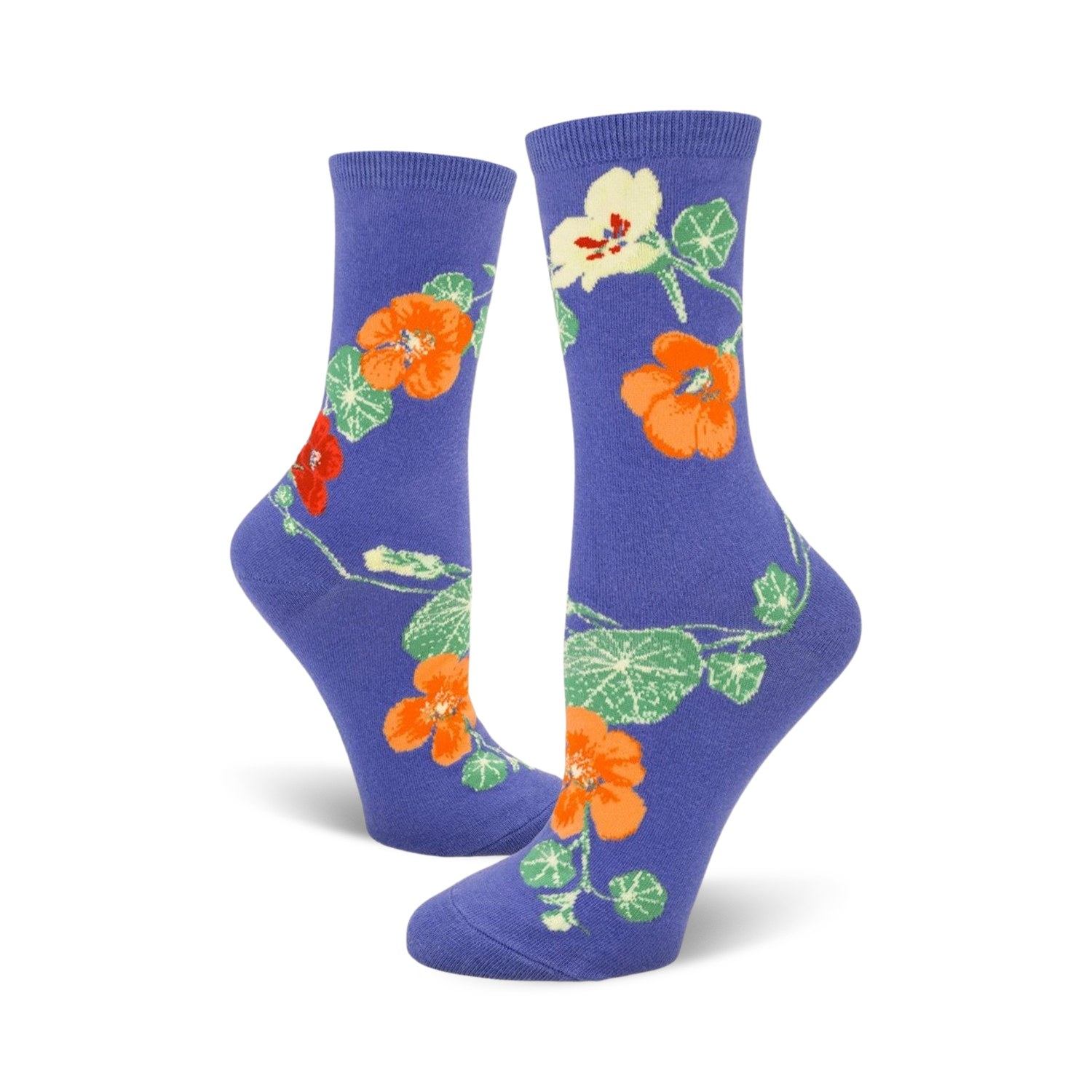 Pair of women's crew socks in purple, showcasing a whimsical nasturtium flower design in orange, red, and green.