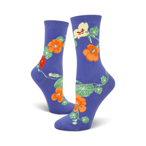 Pair of women's crew socks in purple, showcasing a whimsical nasturtium flower design in orange, red, and green.