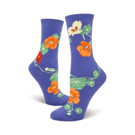 purple crew socks with an all-over pattern of orange, yellow, and red nasturtium flowers on green stems and leaves.  