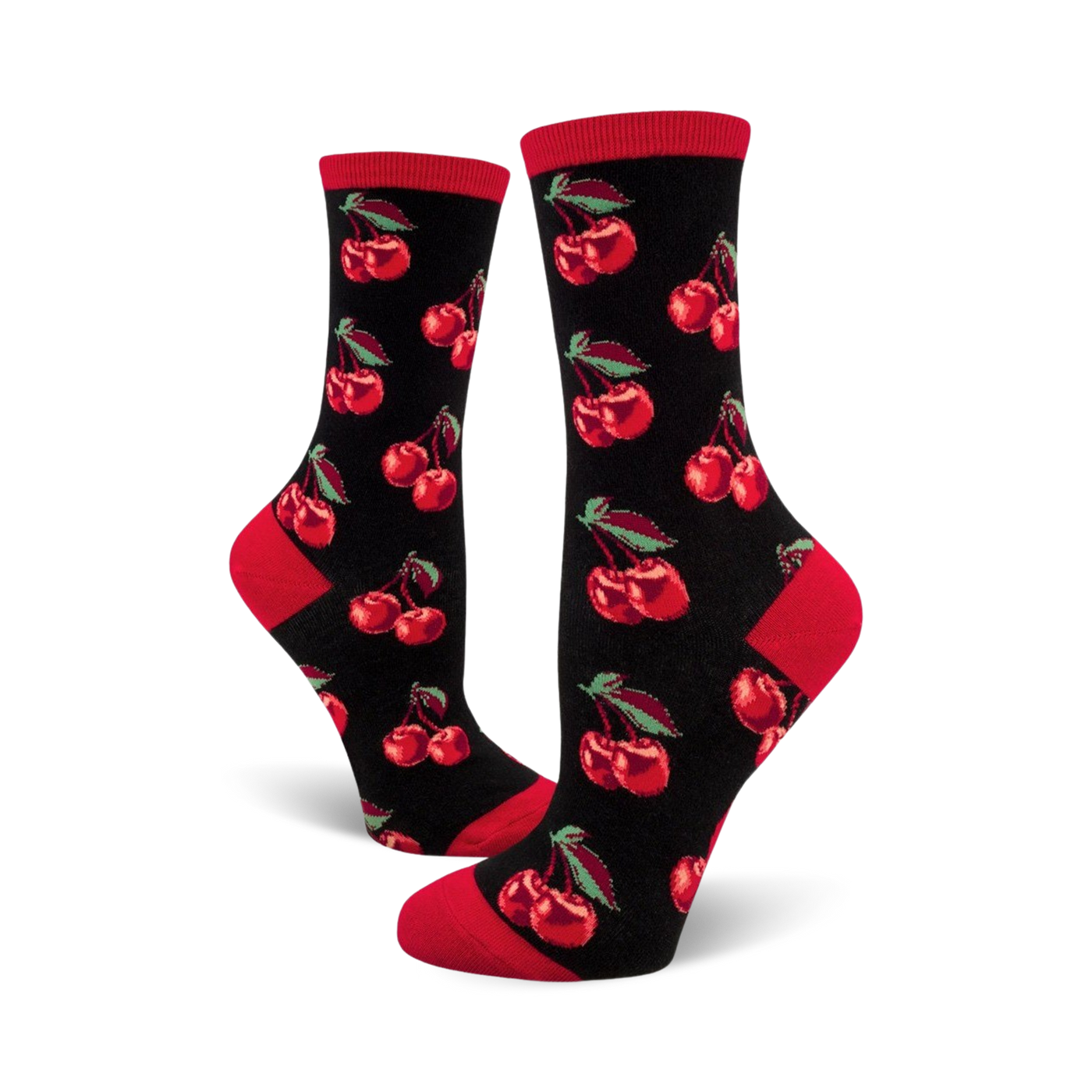 Pair of women's crew socks. Black background with repeating red cherry pattern. Red accents at the cuffs.
