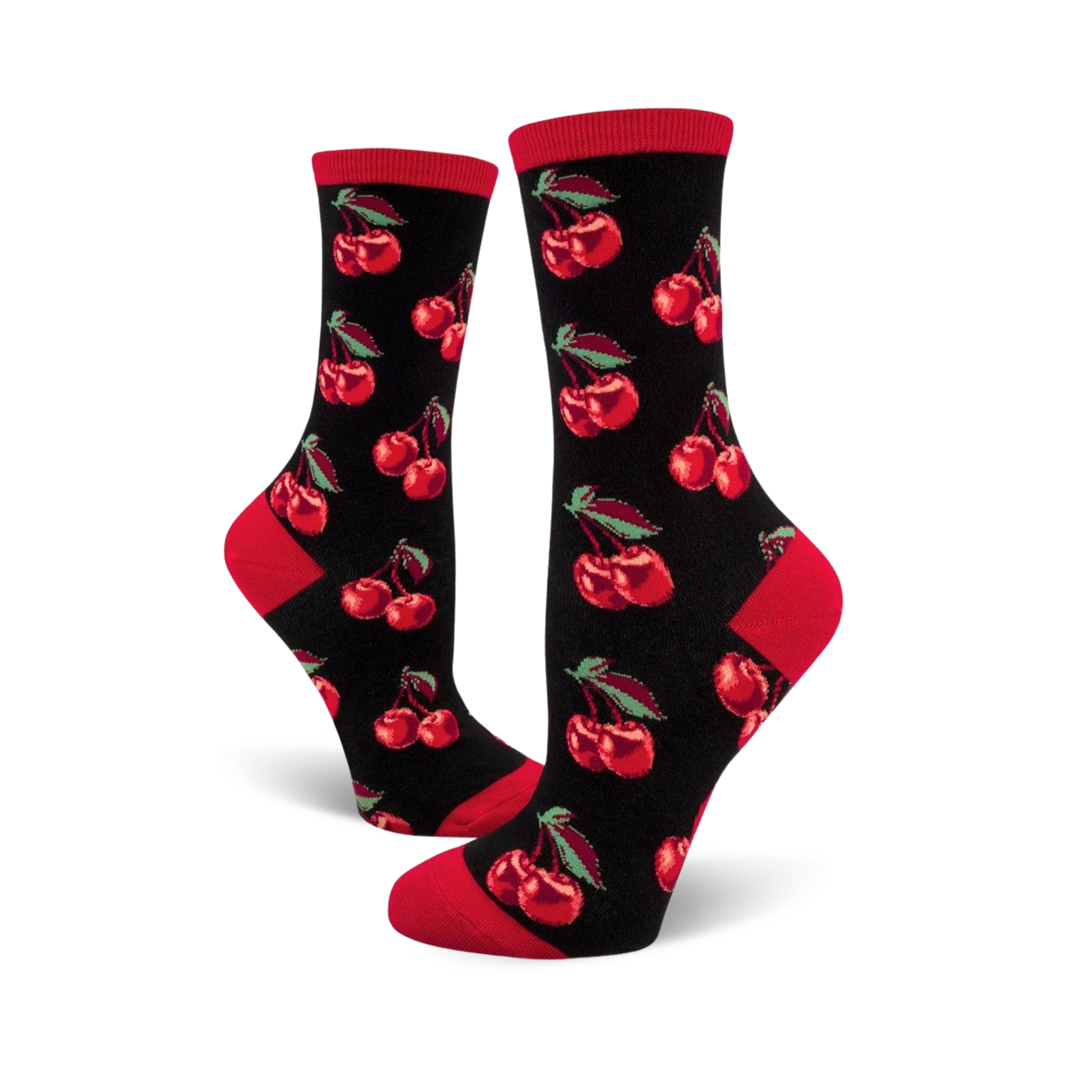 Pair of women's crew socks. Black background with repeating red cherry pattern. Red accents at the cuffs.