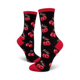 black, red and green cherry pattern crew socks for women.   