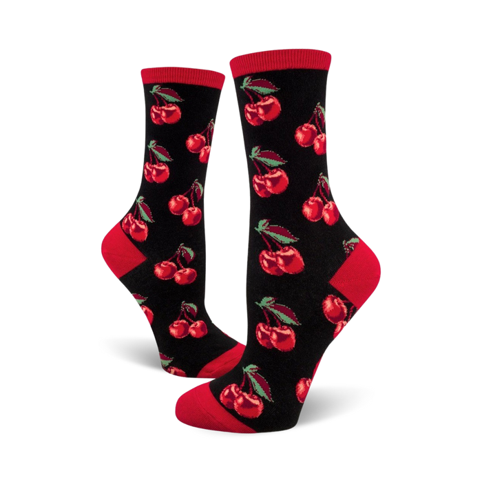 black, red and green cherry pattern crew socks for women.    }}