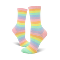 Pair of pastel rainbow striped crew socks.  Features horizontal stripes in pink, orange, yellow, light green, and lavender.