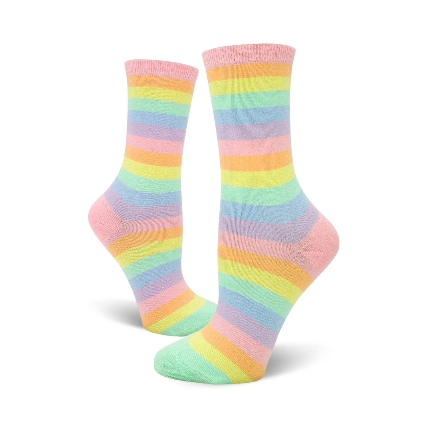 Pair of pastel rainbow striped crew socks.  Features horizontal stripes in pink, orange, yellow, light green, and lavender.