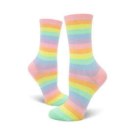 pastel rainbow striped crew socks feature light pink, lavender, pale yellow, peach, mint green, and light blue stripes. womens socks celebrate pride.  