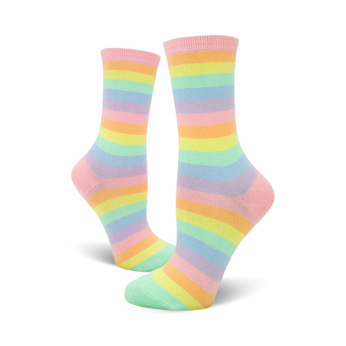 pastel rainbow striped crew socks feature light pink, lavender, pale yellow, peach, mint green, and light blue stripes. womens socks celebrate pride.   }}