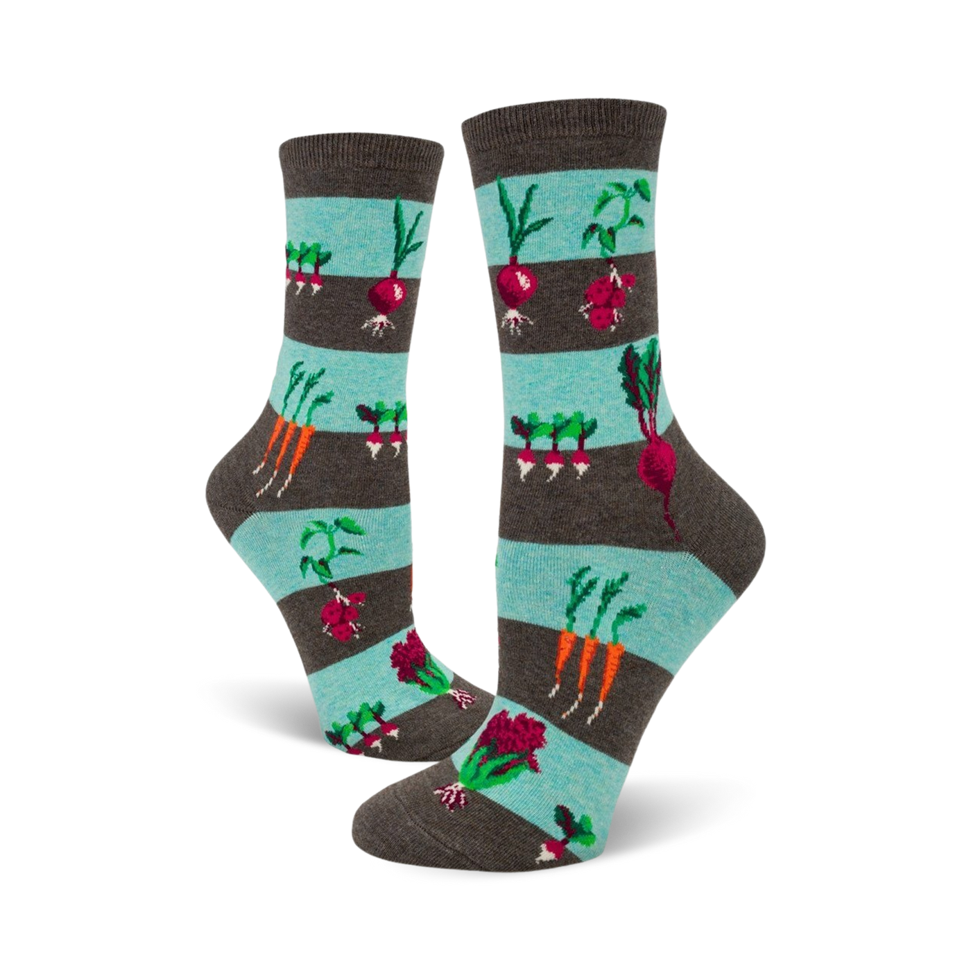A pair of women's crew socks with teal and gray stripes and illustrations of carrots, radishes, and beets.