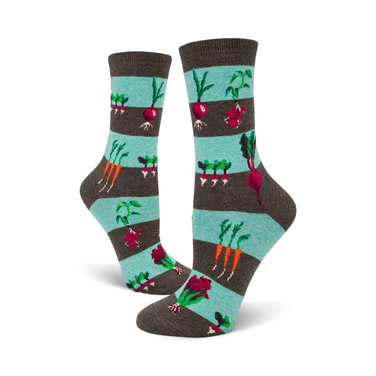 A pair of women's crew socks with teal and gray stripes and illustrations of carrots, radishes, and beets.
