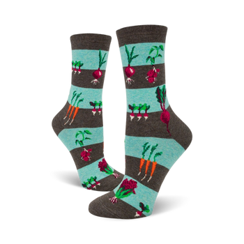 [vegetable garden socks] blue brown green crew socks, featuring carrots, beets, and radishes.   