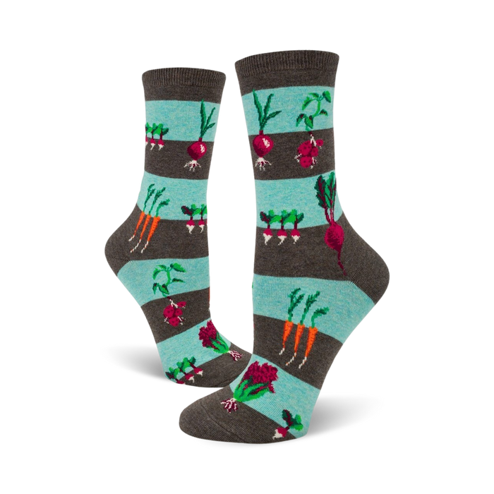 [vegetable garden socks] blue brown green crew socks, featuring carrots, beets, and radishes.    }}