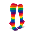 Pair of rainbow striped knee-high socks.  Features red, orange, yellow, green, blue, indigo, and violet stripes.