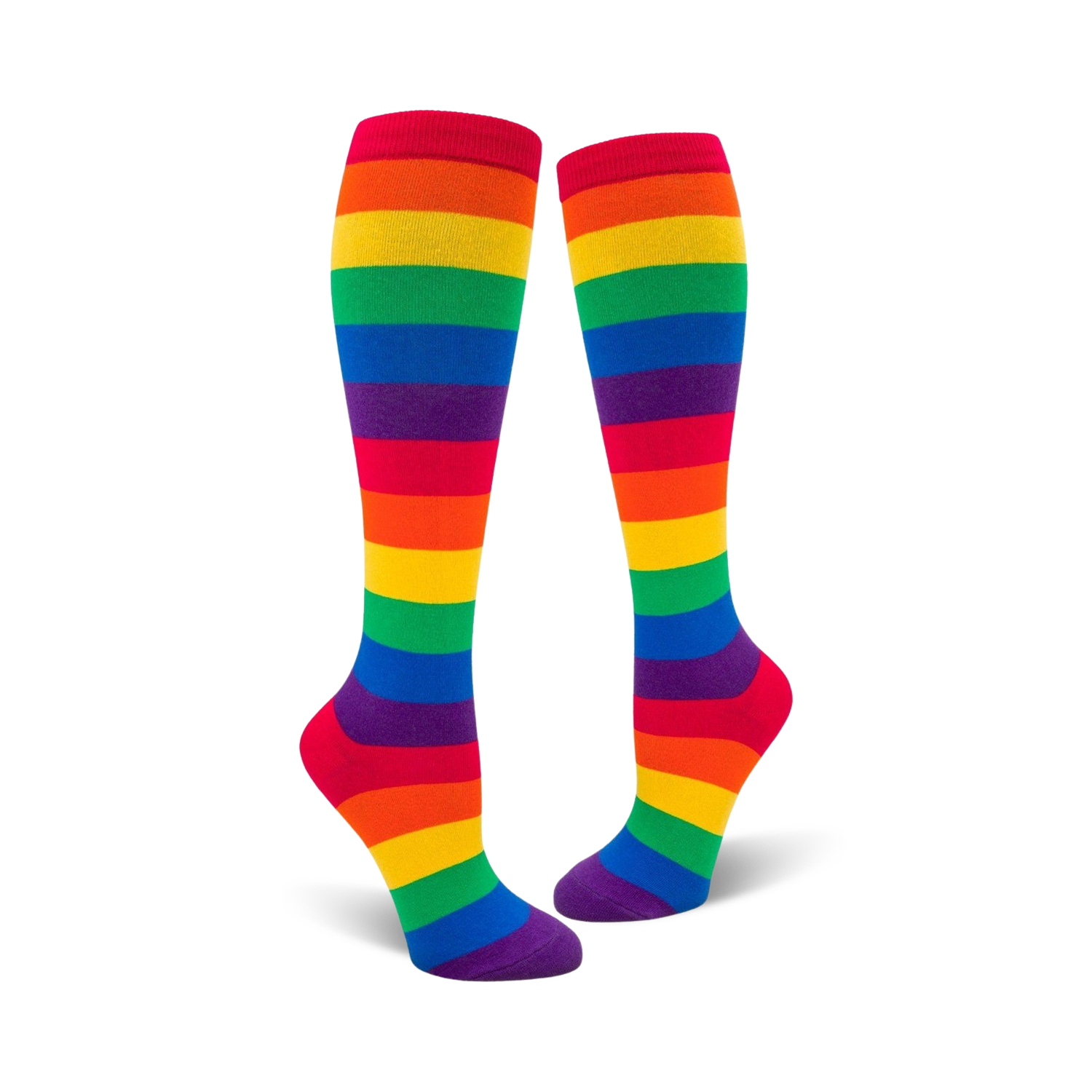 Pair of rainbow striped knee-high socks.  Features red, orange, yellow, green, blue, indigo, and violet stripes.