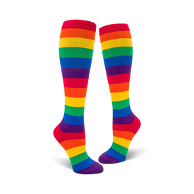 classic knee-high rainbow striped socks for women in red, orange, yellow, green, blue, and purple.  
