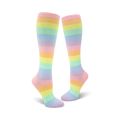 Pair of pastel rainbow striped knee-high socks.  Main colors are pale pink, lavender, light orange, and mint green.