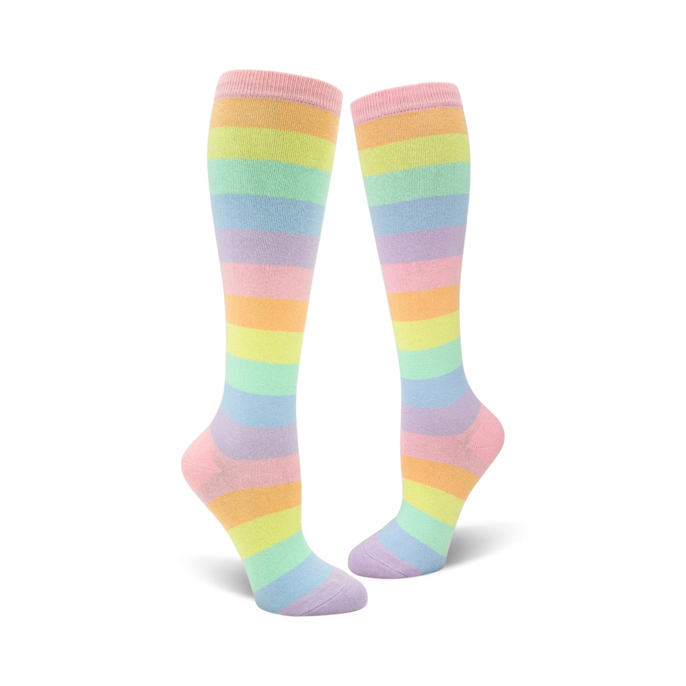 Pair of pastel rainbow striped knee-high socks.  Main colors are pale pink, lavender, light orange, and mint green.